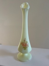 Fenton Uranium Custard Glass Bud Vase Signed CE Naus Handpainted Flowers picture