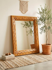 Heavy Vtg Solid Oak Wood Hand-Carved Mirror (47x36) - Coastal Organic Boho Style picture
