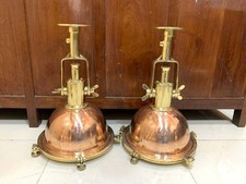 Pair of Vintage Brass & Copper Nautical Pendant Lights Industrial Marine Ceiling picture