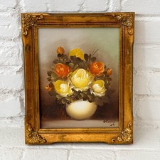 Vintage Signed Flower Still Life Oil Painting On Canvas Ornate Gold Frame 10” picture