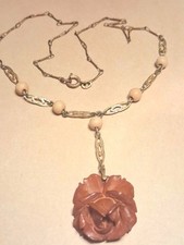 Old ANTIQUE Vintage ROCKABILLY Rose Carved Bakelite NECKLACE From The 30s 40s picture