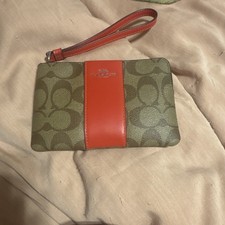 Coach Signature Logo Zip Wristlet Wallet Green/Orange Stripe Credit Card picture