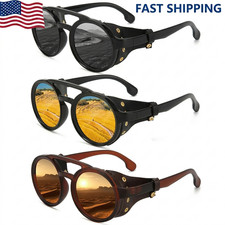 Retro Round Sunglasses UV400 Vintage Leather Side Shield Goggles Men Women picture