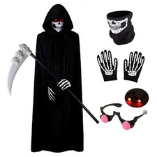 New Halloween Grim Reaper Costume for Kids, Glowing Red Eyes Mask Gloves, Fast  picture