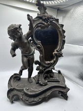 Vintage Heavy Cast Metal Cherub Putti Vanity Mirror Rococo Ornate Tabletop Decor picture