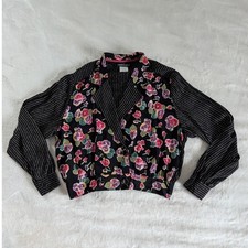 Vtg Carole Little Blouse Black Floral Pinstripe Mixed Print Button Up Sz 6 picture