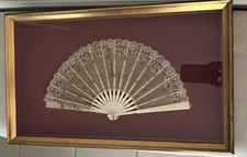 ANTIQUE VICTORIAN/EDWARDIAN-STYLE SPANGLED LACE FAN SHADOW BOX WALL ART picture