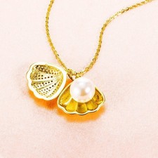 Gold Tone Shell Pendant Necklace with Faux Pearl and Rhinestones picture