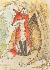 Origional Watercolor  ACEO Fox outside their den signed by artist Edith Schmidt picture
