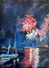 Original Oil Pastel Painting, Fireworks At Night Scene A4, Signed Wall Art picture