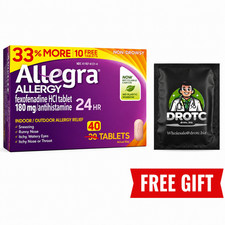 Allegra 180mg Allergy 24HR 40 Tablets + Free DR OTC Eye Wipe EXP 06/27 picture