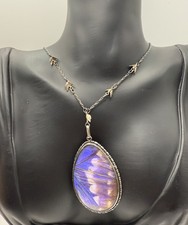 Large Art Deco 925 Sterling Silver morpho Butterfly Wing Pendant w/  Necklace  picture