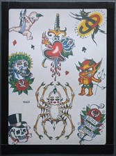Rare Vintage Dan Higgs Tattoo Flash Production Sheet With Line Work Jesus, Devil picture
