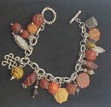Artisan Sterling Silver & Carved Coral Charm Bracelet - 8in picture