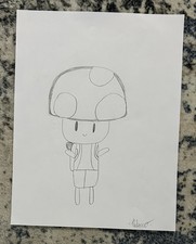 Pencil Sketch Hand Drawn Portrait of Mario Mushroom Man By Child A4  picture