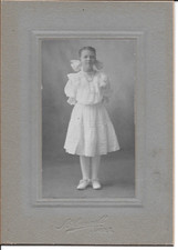 Antique Cabinet Card Photo Young Girl Frilly White Dress Bow Cadiz Ohio 1890s picture