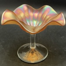 Fenton Amber Marigold Iridescent Rib & Ray Ruffled Candy Dish c1950s USA 4.5