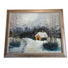 VTG MCM Art Original Winter Cabin Oil Painting Framed Snowy Landscape 23.5x19.5 picture