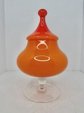 HTF Vintage MCM Empoli Glass Orange Cased Glass Candy Dish 11.5” W/lid Amazing picture