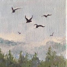 Sophie Dare Original Art, 4x4x1.5 Bird Oil painting Flock 6 with ribbon hanger picture
