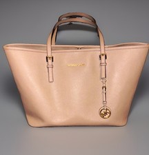 Michael Kors Beige Solid Trapezoid Tote, Double Handles, Gold Hardware, Charm picture