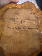 Vintage Hand-Carved Wood Leaf Bowl, Brown, Sculpted Handle, “E.G.” Inscription picture