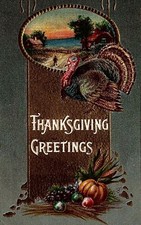 c1915 THANKSGIVING GREETINGS TURKEY PUMPKINS GRAIN FARM FRUIT POSTCARD 20-172 picture