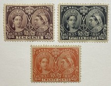 Canada #57-59 1897 Q. Victoria Jubilee series 10c-20c issues MH/faults; $850 UCV picture