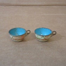 Antique Vtg lot 2 Brian Ohio Art USA Tin Litho Mini Tea Cups Miniature Teacup 1