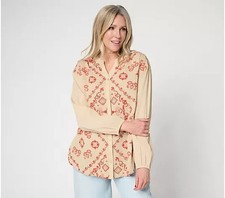 LOGO Lavish by Lori Goldstein Embroidered Button Front Split-V Blouse NWT picture