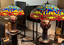 Twin Tiffany Stained Glass Dragonfly Table Lamp Multicolor Shade, Switch picture