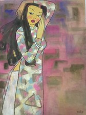Vu Tuan Vietnamese ao dai girl orig watercolor silk Art In Heart born 1973 VUFA picture