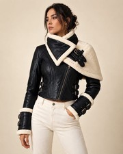 Women’s Black Genuine Leather Shearling Jacket Winter Fur Motorcycle Biker Coat picture