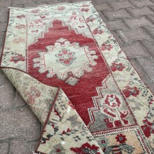 2.2 x 4.4 ft Handmade Vintage Turkish Wool Geometric Medallion Rug - Tariff Free picture