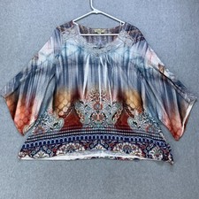 One World Top Women Medium Multi Color Bell Sleeve Lace Trim V-Neck 9L50038E18 picture