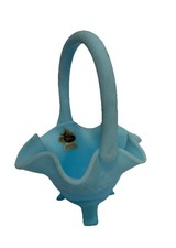 Vintage FentonArt Glass Blue Satin 3 Footed Basket With Logo Sticker picture
