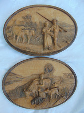 Pair Vintage French Folk Art Carved Wooden Plaques in High Relief picture