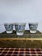 Vintage Cera Glass Etruscan Frieze Shot Glasses Blue & 22K Gold MCM Set of 3 picture