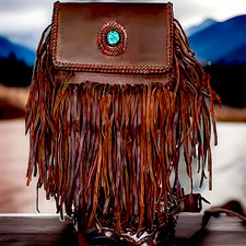 American Darling Brown Western Fringe Crossbody Bag w Turquoise Concho Sealed picture