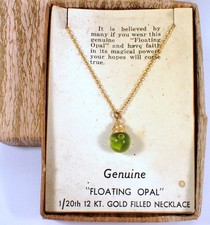 Vtg 12k Gold Filled Genuine OPAL Floating Good Luck Pendant Chain Necklace w Box picture