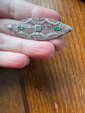 Emerald Sterling Silver Vintage Diamond Brouch picture