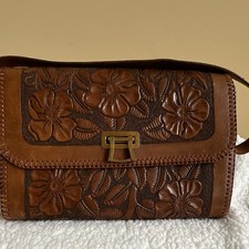 Vtg Mexican Hand Tooled Western Shoulder Bag Blue Leather Lining Brass Hardware picture