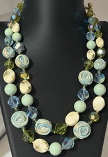 Vendome Signed Rosebud Bead Double Strand Necklace Blue Green 16” Vintage picture