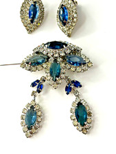 Vintage Signed Blue Kramer Marquise Rhinestone Brooch & Earrings Missing Stone picture