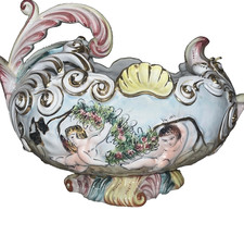 Vintage Italian Capodimonte Cherub Porcelain Centerpiece Bowl Basket Gold Gilt picture