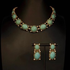 Vintage Turquoise Statement Necklace Set Gold Designer Style Jewelry Women picture