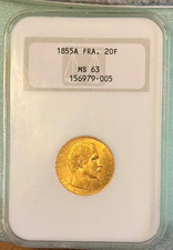 1855-A France Gold 20 Francs Napoleon III NGC MS63 - Choice Mint State picture