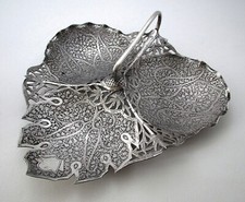 Antique Indian Kashmiri Solid Silver Chinar Leaf Bon Bon Sweetmeat Dish Bowl picture