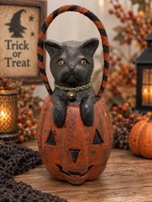 ESC Deborah Graham Halloween Folk Art Black Cat Pumpkin Basket JackOLantern Vtg picture