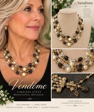 Vintage Vendôme Signed 5-Strand Faux Pearl Crystal Black Bead Necklace 18” picture
